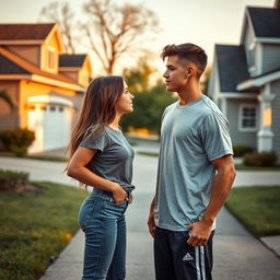 A heartwarming scene depicting two teenage neighbors falling in love, standing in their driveways in front of charming suburban houses