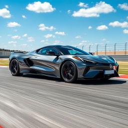 A unique fusion of the Corvette C8's sporty elegance and the Renault Arkana's stylish design, forming a four-door vehicle cruising on a race track