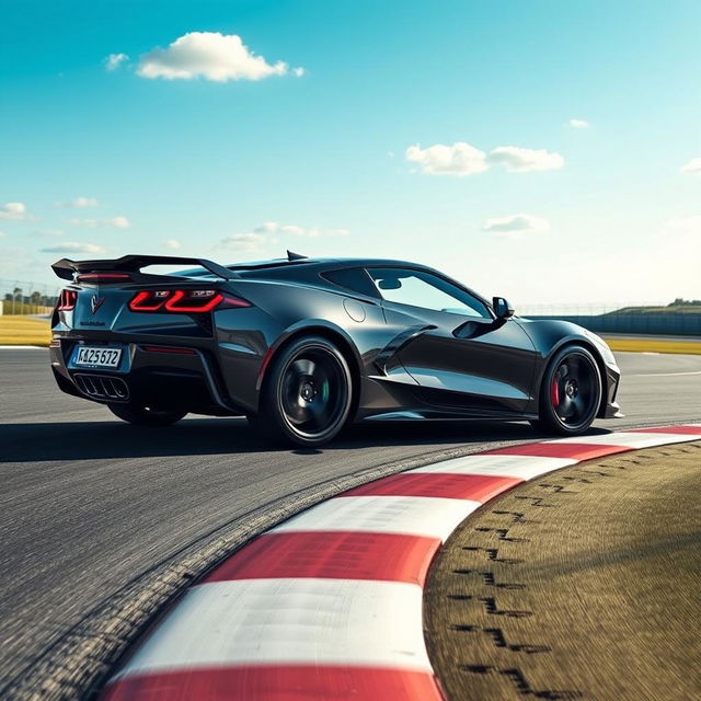 A unique fusion of the Corvette C8's sporty elegance and the Renault Arkana's stylish design, forming a four-door vehicle cruising on a race track