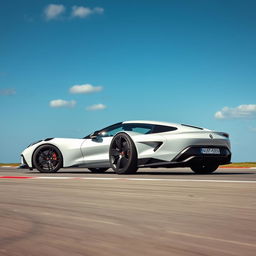 A unique fusion of the Corvette C8's sporty elegance and the Renault Arkana's stylish design, forming a four-door vehicle cruising on a race track