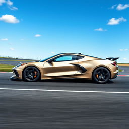 A unique fusion of the Corvette C8's sporty elegance and the Renault Arkana's stylish design, forming a four-door vehicle cruising on a race track