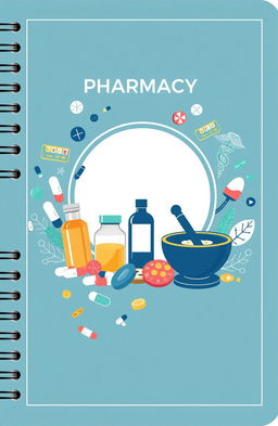 a stylish and professional notebook cover design with a pharmacy theme, featuring artistic depictions of various drugs and medications, including colorful capsules, tablets, and prescription bottles, incorporating subtle healthcare symbols like the caduceus and mortar and pestle, with a balanced and gender-neutral color palette of blue, green, and white