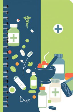 a stylish and professional notebook cover design with a pharmacy theme, featuring artistic depictions of various drugs and medications, including colorful capsules, tablets, and prescription bottles, incorporating subtle healthcare symbols like the caduceus and mortar and pestle, with a balanced and gender-neutral color palette of blue, green, and white