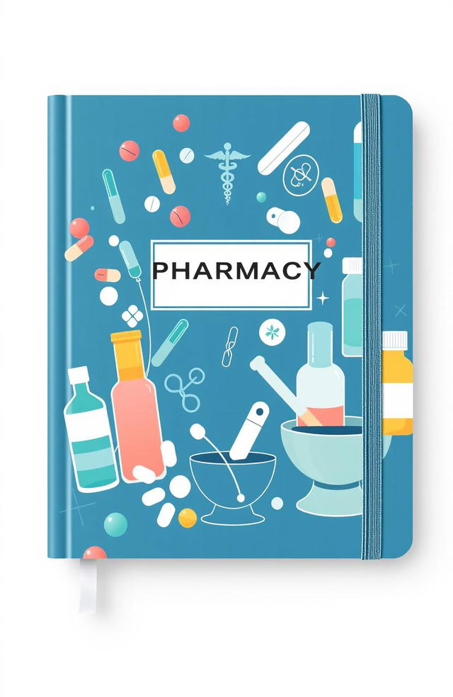 a stylish and professional notebook cover design with a pharmacy theme, featuring artistic depictions of various drugs and medications, including colorful capsules, tablets, and prescription bottles, incorporating subtle healthcare symbols like the caduceus and mortar and pestle, with a balanced and gender-neutral color palette of blue, green, and white