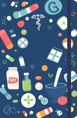 a stylish and professional notebook cover design with a pharmacy theme, featuring artistic depictions of various drugs and medications, including colorful capsules, tablets, and prescription bottles, incorporating subtle healthcare symbols like the caduceus and mortar and pestle, with a balanced and gender-neutral color palette of blue, green, and white