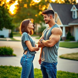 A heartwarming scene depicting two teenage neighbors falling in love, positioned in their driveways before quaint suburban houses