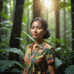 A beautiful Indonesian woman standing in the lush, tropical rainforest of Indonesia, surrounded by multi-hued foliage, the sun's rays filtering through the dense canopy.