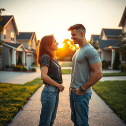 A heartwarming scene depicting two teenage neighbors falling in love, positioned in their driveways before quaint suburban houses