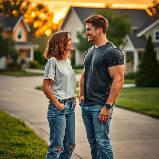 A heartwarming scene depicting two teenage neighbors falling in love, positioned in their driveways before quaint suburban houses