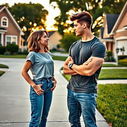 A heartwarming scene depicting two teenage neighbors falling in love, positioned in their driveways before quaint suburban houses