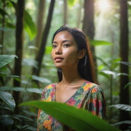 A beautiful Indonesian woman standing in the lush, tropical rainforest of Indonesia, surrounded by multi-hued foliage, the sun's rays filtering through the dense canopy.