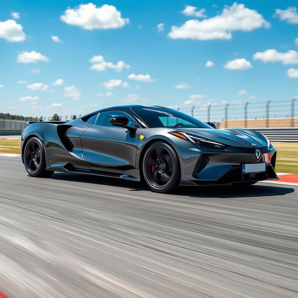 An electric sedan inspired by the Corvette C8, featuring four doors and capturing the essence of speed on a race track