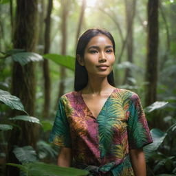 A beautiful Indonesian woman standing in the lush, tropical rainforest of Indonesia, surrounded by multi-hued foliage, the sun's rays filtering through the dense canopy.