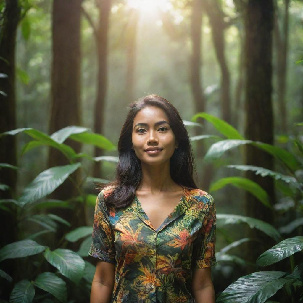 A beautiful Indonesian woman standing in the lush, tropical rainforest of Indonesia, surrounded by multi-hued foliage, the sun's rays filtering through the dense canopy.