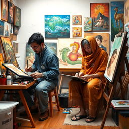 A compelling scene featuring both a local and an international artist engaged in their artistic process side by side, showcasing their unique styles within a shared studio space