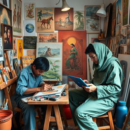 A compelling scene featuring both a local and an international artist engaged in their artistic process side by side, showcasing their unique styles within a shared studio space