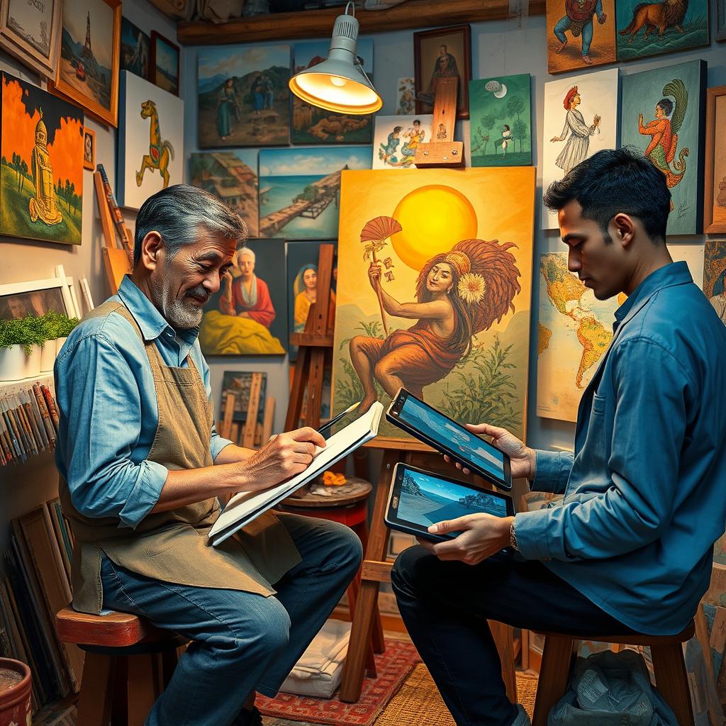 A compelling scene featuring both a local and an international artist engaged in their artistic process side by side, showcasing their unique styles within a shared studio space