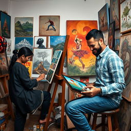 A compelling scene featuring both a local and an international artist engaged in their artistic process side by side, showcasing their unique styles within a shared studio space