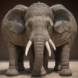 A colossal multi-headed elephant, each head exhibiting a unique expression, adorned in intricate armor