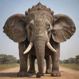 A colossal multi-headed elephant, each head exhibiting a unique expression, adorned in intricate armor