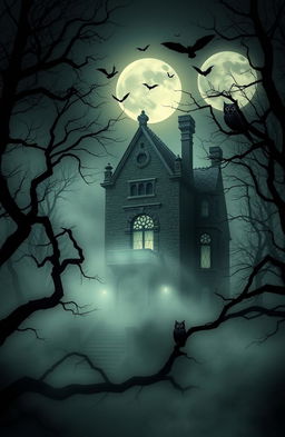 A misty, eerie representation of Maplewood Mansion, a mysterious and gothic building shrouded in fog