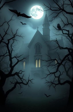 A misty, eerie representation of Maplewood Mansion, a mysterious and gothic building shrouded in fog