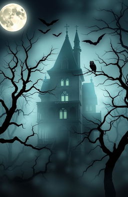 A misty, eerie representation of Maplewood Mansion, a mysterious and gothic building shrouded in fog