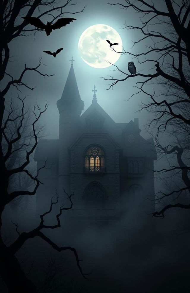 A misty, eerie representation of Maplewood Mansion, a mysterious and gothic building shrouded in fog