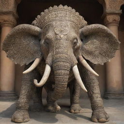 A colossal multi-headed elephant, each head exhibiting a unique expression, adorned in intricate armor