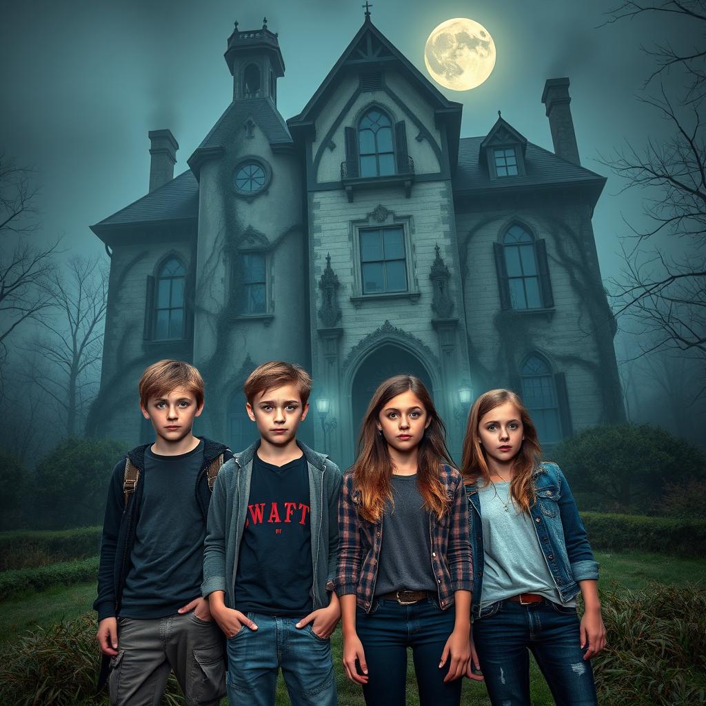 Four teenagers, two boys and two girls, with expressions of fear, standing in front of a creaky haunted mansion