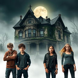 Four teenagers, two boys and two girls, with expressions of fear, standing in front of a creaky haunted mansion