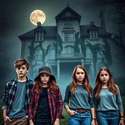 Four teenagers, two boys and two girls, with expressions of fear, standing in front of a creaky haunted mansion