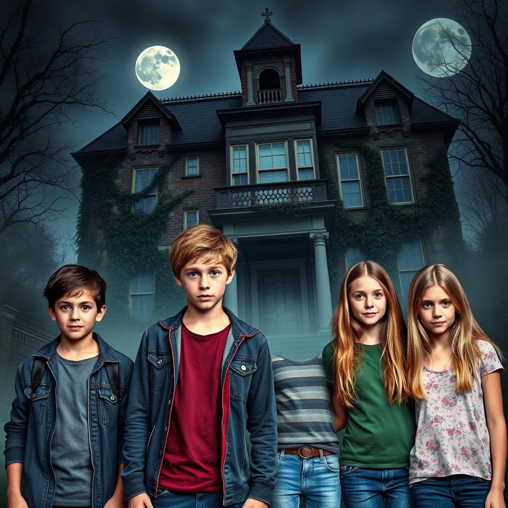 Four teenagers, two boys and two girls, with expressions of fear, standing in front of a creaky haunted mansion