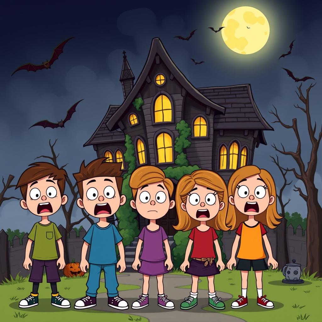 Four cartoon-style teenagers, two boys and two girls, with exaggerated expressions of fear and surprise, standing in front of a creaky haunted mansion