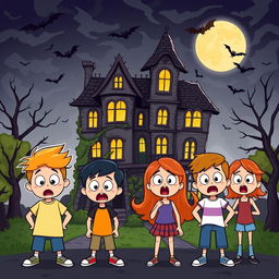 Four cartoon-style teenagers, two boys and two girls, with exaggerated expressions of fear and surprise, standing in front of a creaky haunted mansion