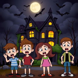 Four cartoon-style teenagers, two boys and two girls, with exaggerated expressions of fear and surprise, standing in front of a creaky haunted mansion