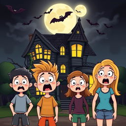 Four cartoon-style teenagers, two boys and two girls, with exaggerated expressions of fear and surprise, standing in front of a creaky haunted mansion