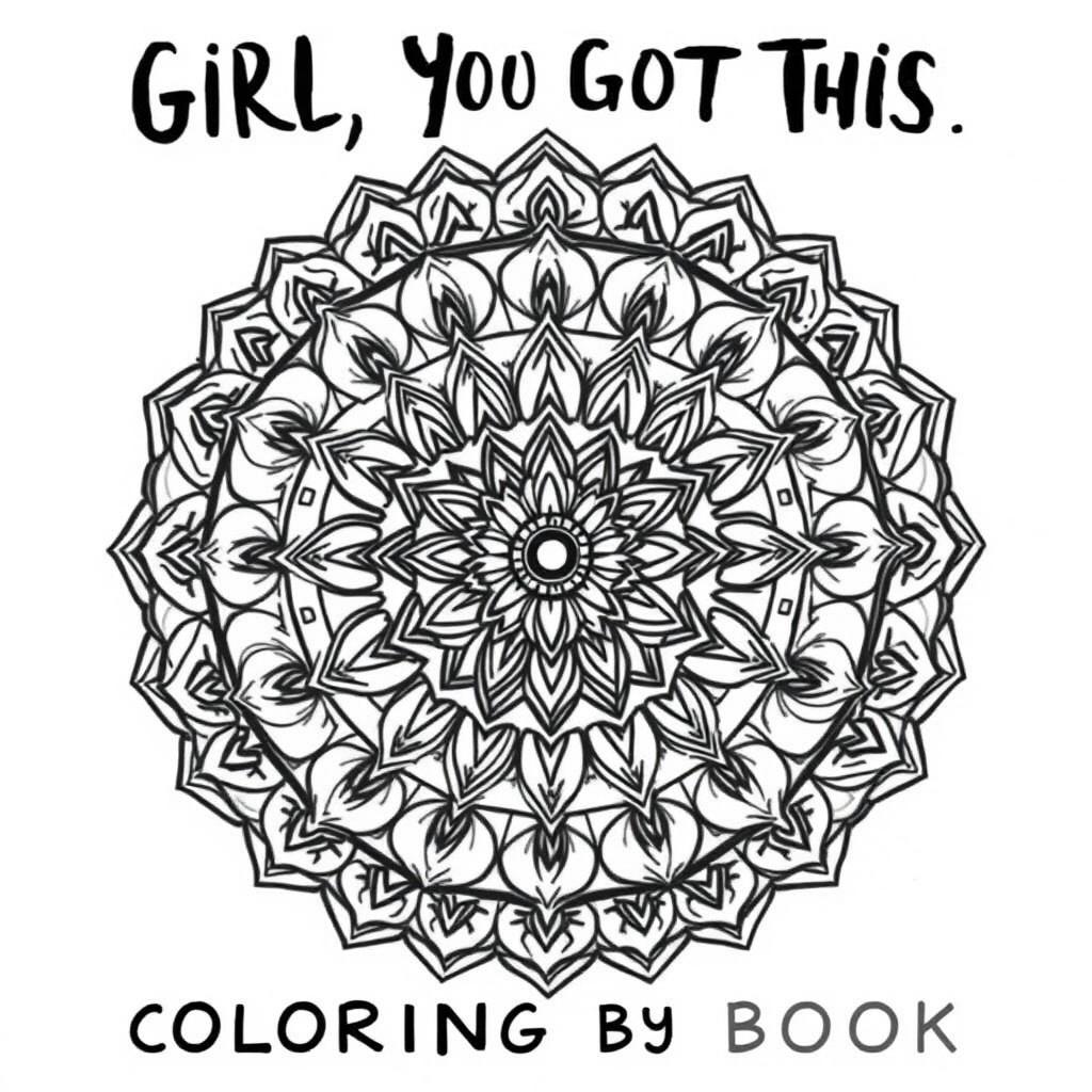 A mandala coloring book cover featuring an intricately detailed mandala design at its center, in linework suitable for coloring