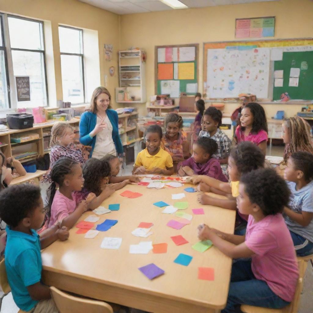 A lively, colorful classroom filled with diverse students and a teacher promoting inclusive education. Children of all abilities and backgrounds are engaged together in productive learning and collaborative activities.