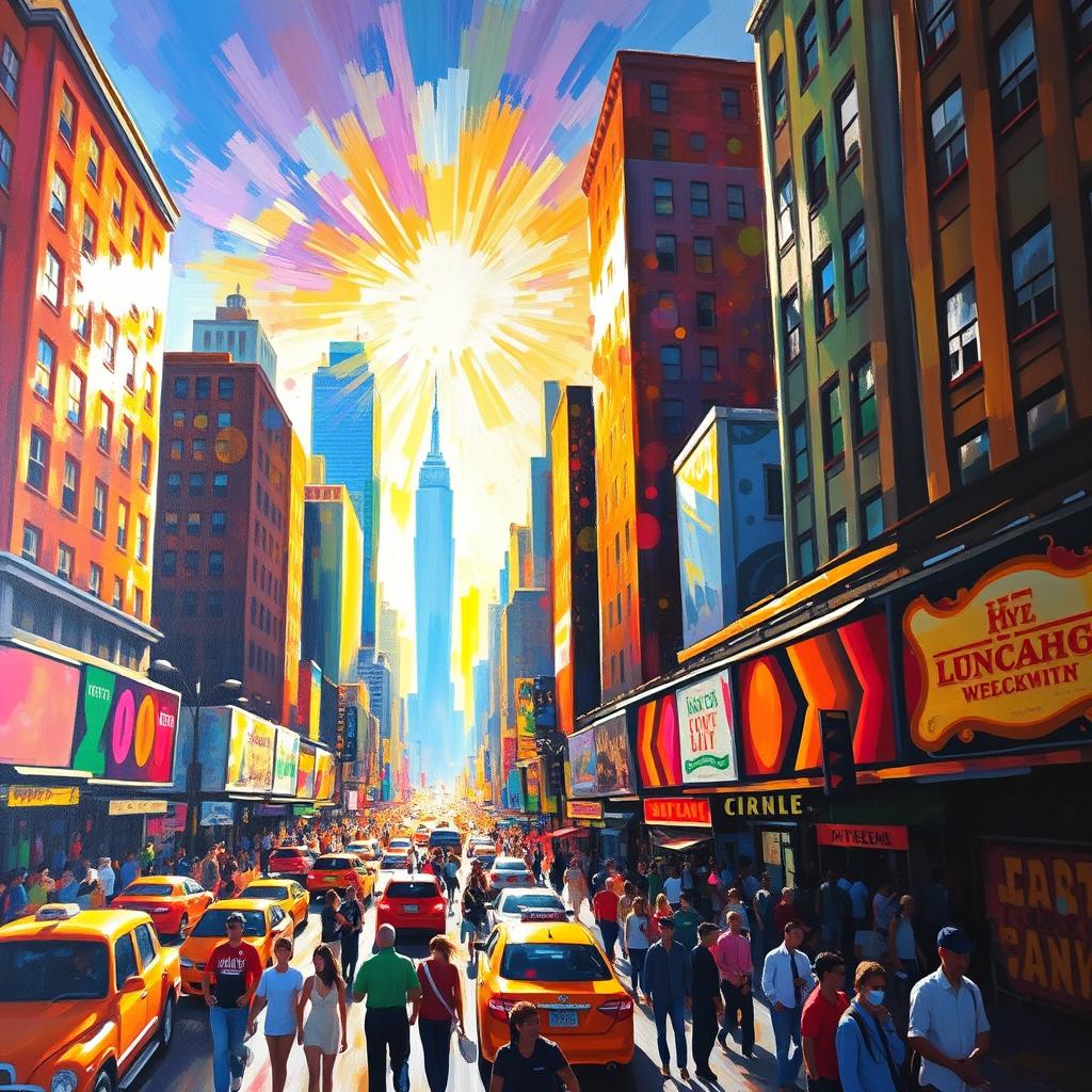 A vibrant impressionist painting capturing the essence of a bustling cityscape