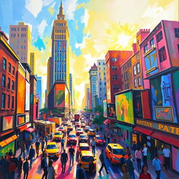 A vibrant impressionist painting capturing the essence of a bustling cityscape