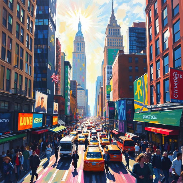 A vibrant impressionist painting capturing the essence of a bustling cityscape