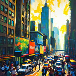 A vibrant impressionist painting capturing the essence of a bustling cityscape