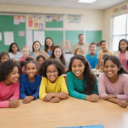 A lively, colorful classroom filled with diverse students and a teacher promoting inclusive education. Children of all abilities and backgrounds are engaged together in productive learning and collaborative activities.