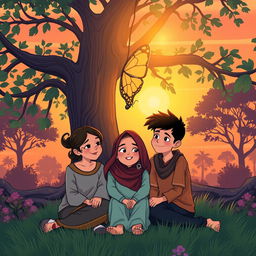 a serene garden setting at sunset, featuring a large tree at the center, under which three teenage friends - Arsya, Naya, and Issa - sit together in a small circle, facing each other with expressions full of warmth and trust