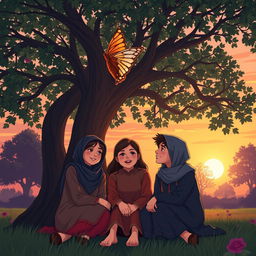 a serene garden setting at sunset, featuring a large tree at the center, under which three teenage friends - Arsya, Naya, and Issa - sit together in a small circle, facing each other with expressions full of warmth and trust