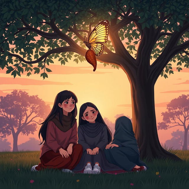 a serene garden setting at sunset, featuring a large tree at the center, under which three teenage friends - Arsya, Naya, and Issa - sit together in a small circle, facing each other with expressions full of warmth and trust