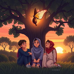 a serene garden setting at sunset, featuring a large tree at the center, under which three teenage friends - Arsya, Naya, and Issa - sit together in a small circle, facing each other with expressions full of warmth and trust