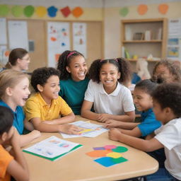 A lively, colorful classroom filled with diverse students and a teacher promoting inclusive education. Children of all abilities and backgrounds are engaged together in productive learning and collaborative activities.