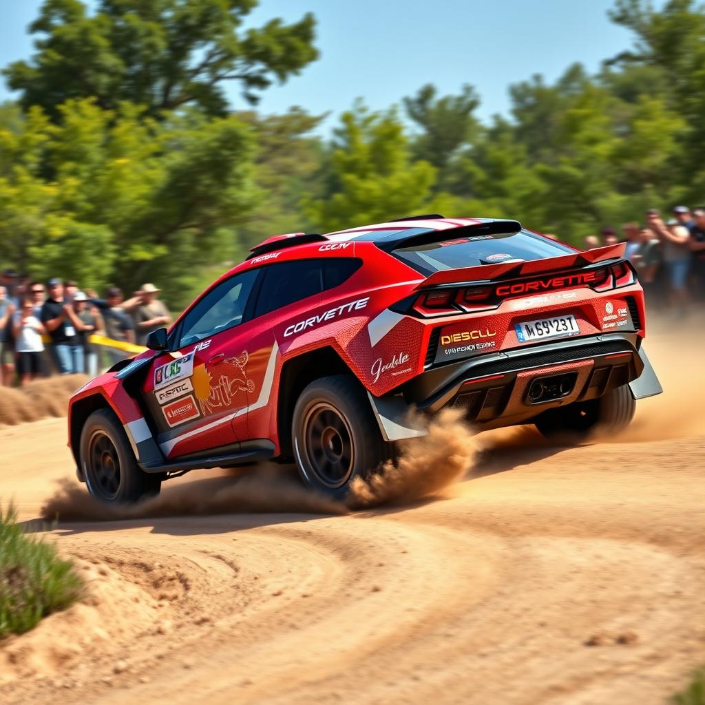 A powerful Corvette C8-based SUV performing in a thrilling dirt rally